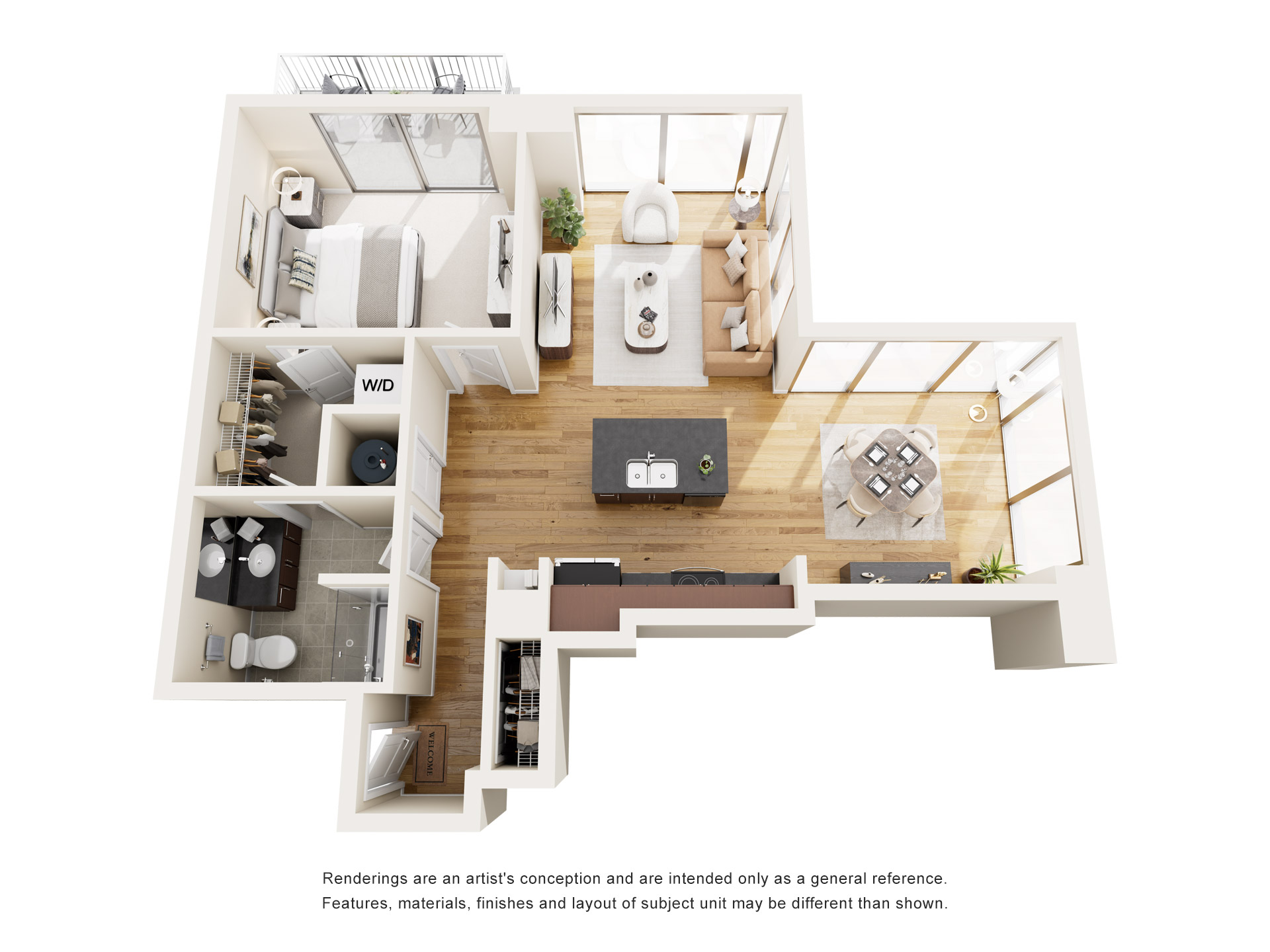 Floor plan for 1 bed, 1 bath, 749 sqft